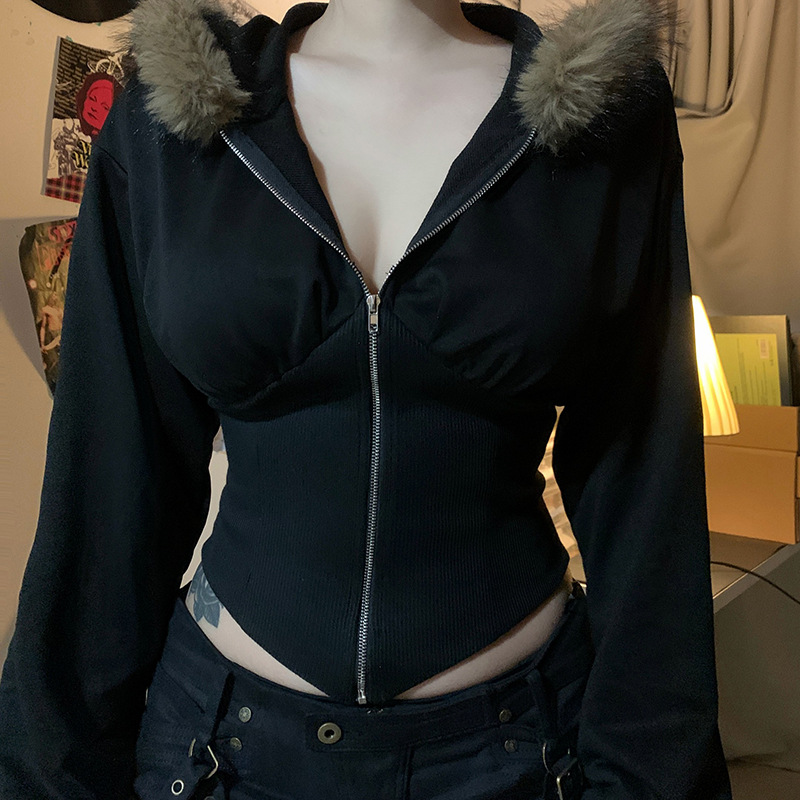 Vintage Zip Hoodie - Goth foncé automne hiver col en