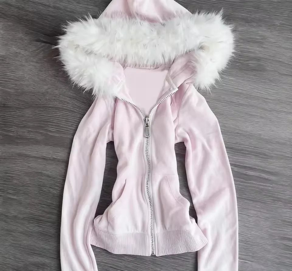 Vintage Zip Hoodie - Hiver Rétro Rose Fourrure Sweat À